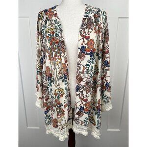 Jodifl Floral Boho Kimono Cardigan Small Fringe Trim Open Front 31” Length NWT